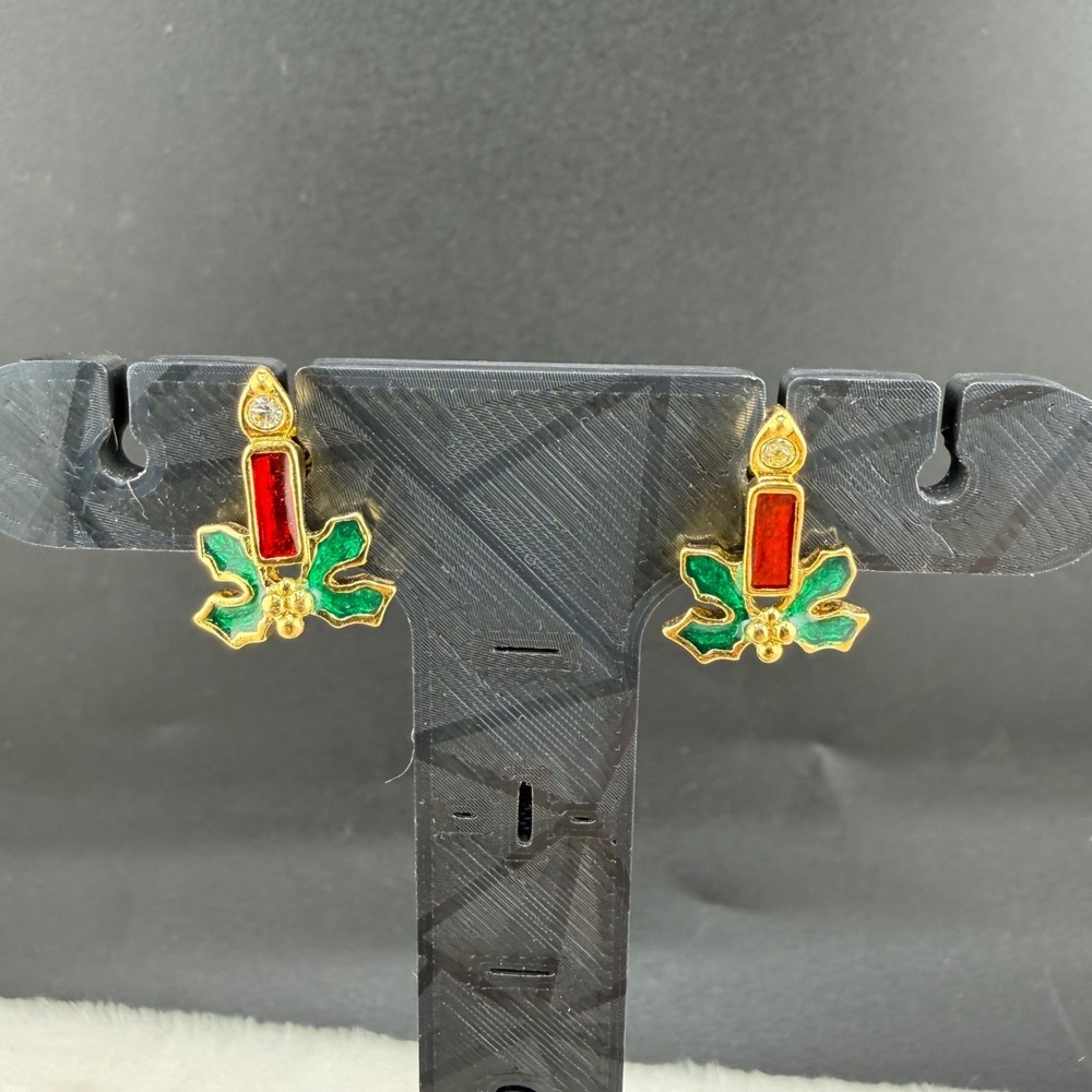 Vintage Avon Earrings Gold Tone Enamel Christmas Candle Holly Studs